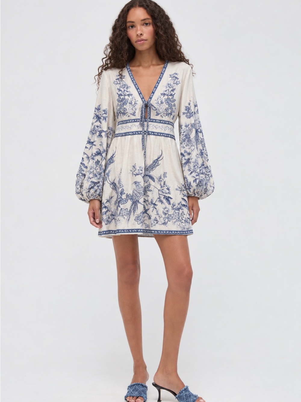 Caroline Constas Blue White Toile Linen Mini Dress V-Neck Balloon Sleeve Size L